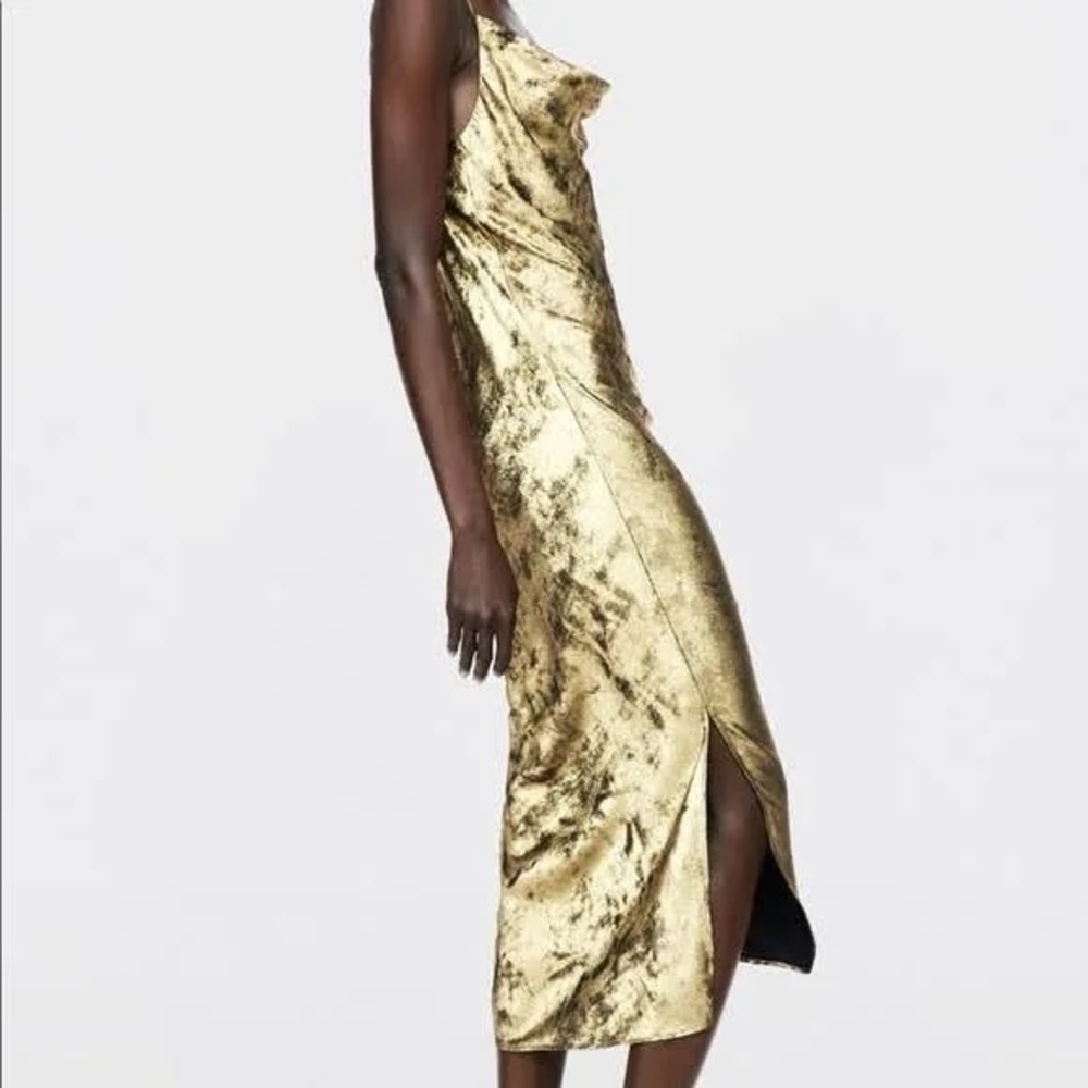 Zara Basic Gold Spaghetti Strap Asymmetrical Midi… - image 4